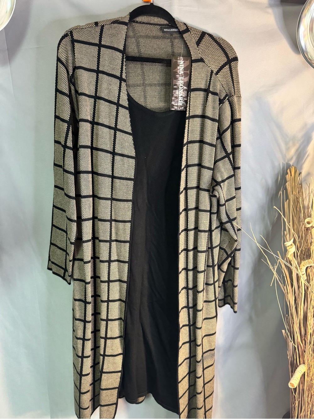 Black and Cream Windowpane Open-Front Cardigan dress - twofer